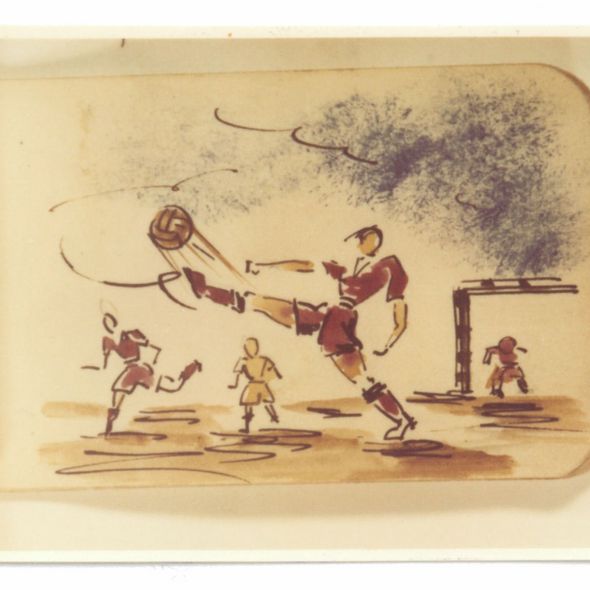 Image: Zdizław Rudowski: Football scene (drawing from a sketchbook with memories of the time before imprisonment in the camp), Akademie der Künste, Berlin, Collection of Concentration Camp Songs No. 153.