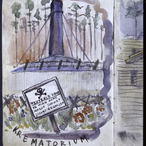"Krematorium", Aquarell des ehemaligen Häftlings Vladimir Matêjka (nach 1945) "Krematorium", Aquarell des ehemaligen Häftlings Vladimir Matêjka (nach 1945)