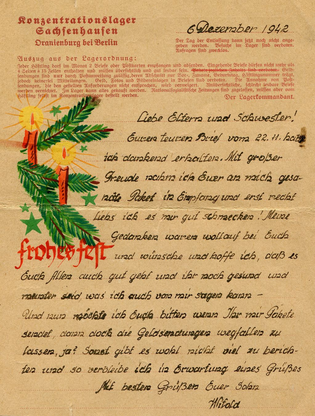 Brief von Witold Sternalski aus dem KZ Sachsenhausen, 1942