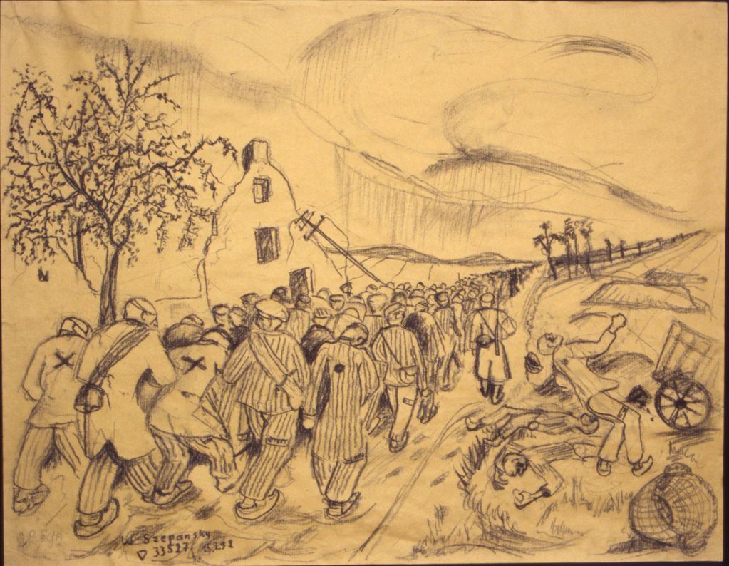 Wolfgang Szepansky: Erinnerungen an den Todesmarsch, Kohlezeichnung, 1992 (GuMS)